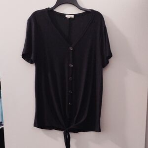 Black Short Sleeve Button Down Tie Front Top